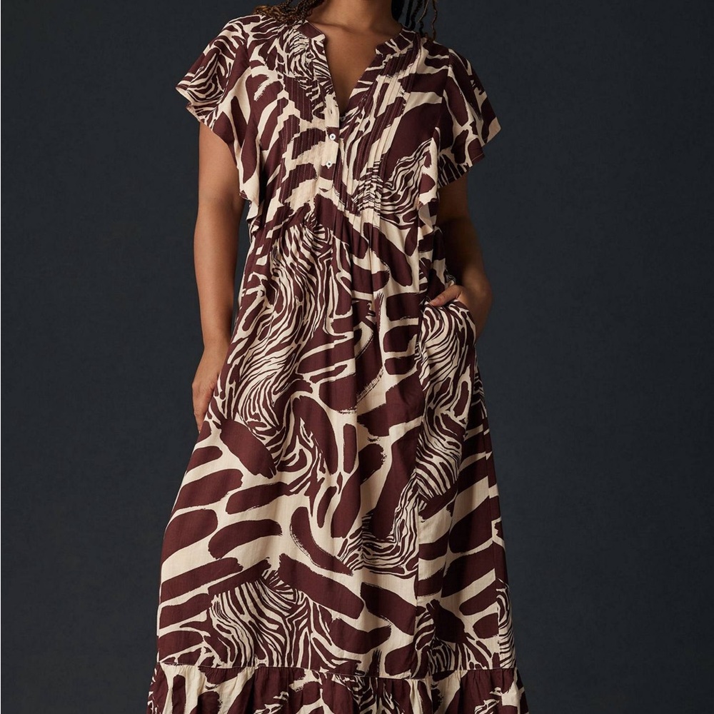 Maeve Anthropologie Brown and White Flutter Sleeve Dress